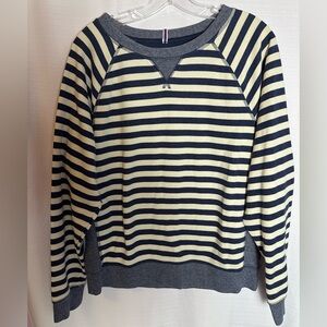 Champion women’s crew neck blue and cream striped sweatshirt, size L